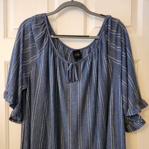 W5 Shirt Womens Plus 3X Blue & White Peasant Top‎ Ruffle Sleeve Flowy and Soft